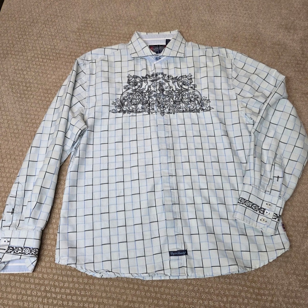 English Laundry XL Embroidered Grid Bottom Up Shirt Blue Christopher Wicks